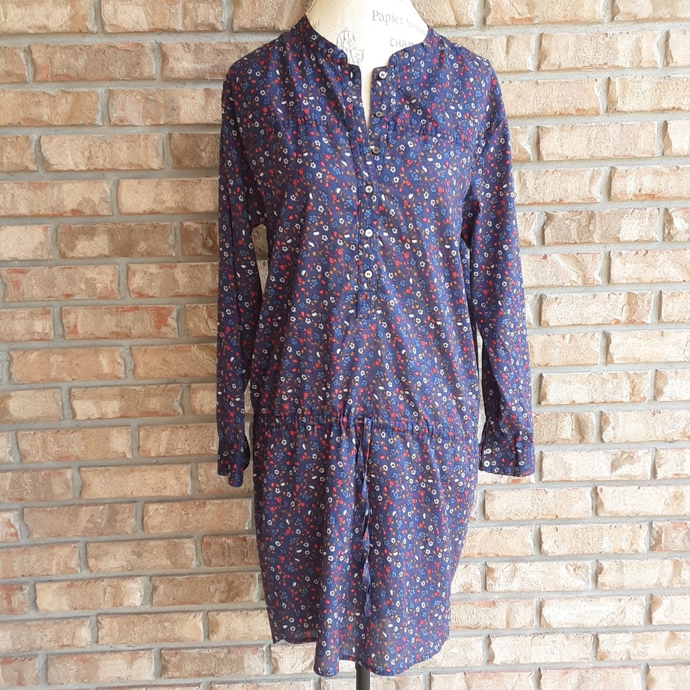 Xirena Navy Floral Print Ditsy Half Button Long Sleeve Shirt Dress. - Picture 3 of 11